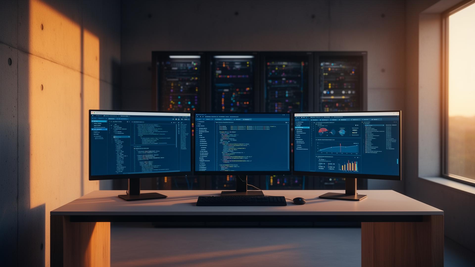 Moderne IT-werkplek met meerdere monitoren en serverrack — sfeerbeeld Connexa